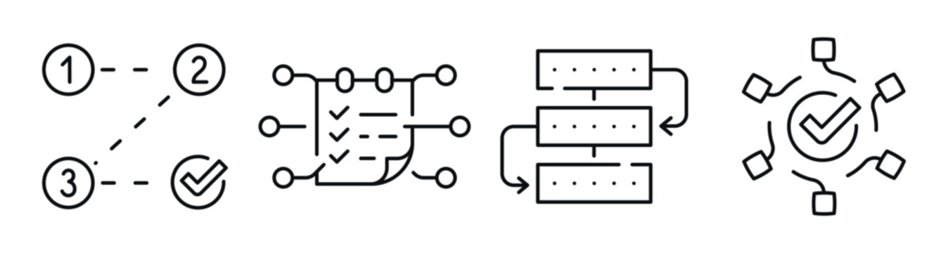 Sequential process and checklist icons showing workflow steps. Editable stroke