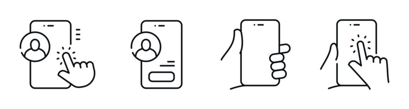 Mobile interface interaction icons showing touch and login actions. Editable stroke