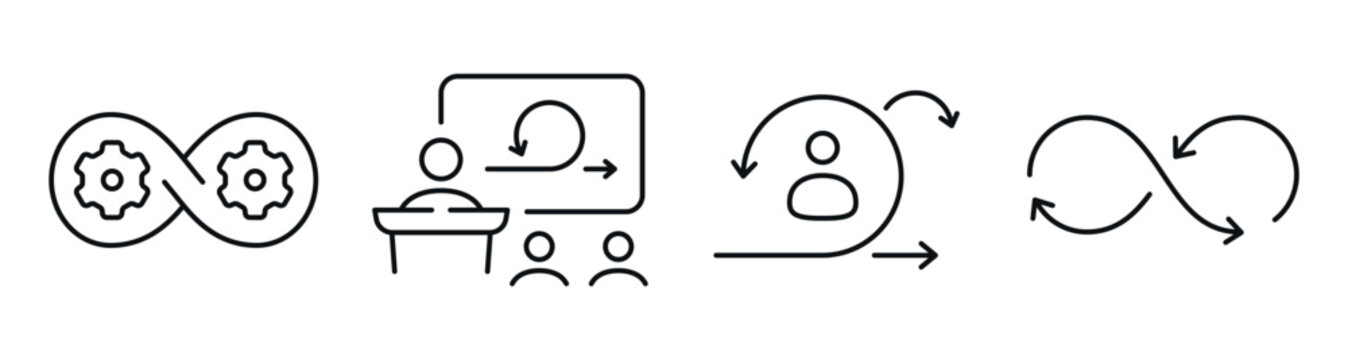 Process and feedback icons illustrating iterative workflow and cycle. Editable stroke