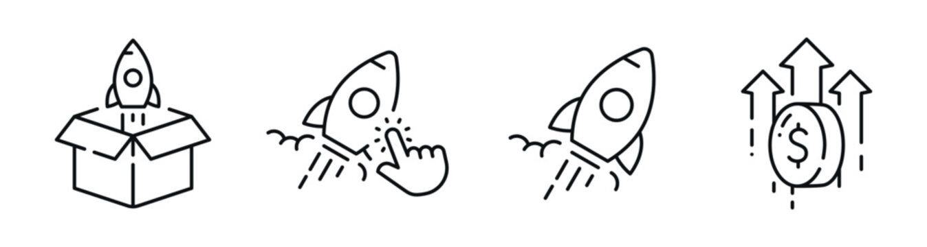 Rocket launch icons depicting startup growth and product launch. Editable stroke