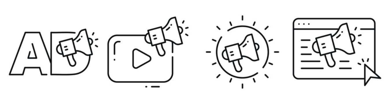 Advertising icons showing megaphones across digital interface. Editable stroke