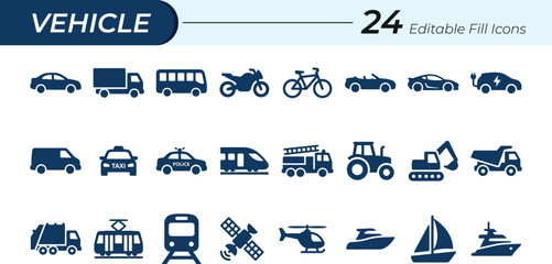Vehicle icon set, 24 editable silhouette icons for transport and logistics, Car icons, Bus icon, Vector illustration © Champa