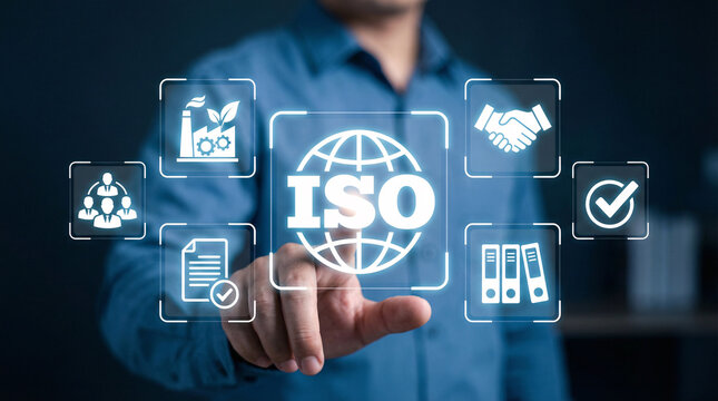 Businessman interacting with iso icons representing international standards and quality management systems
