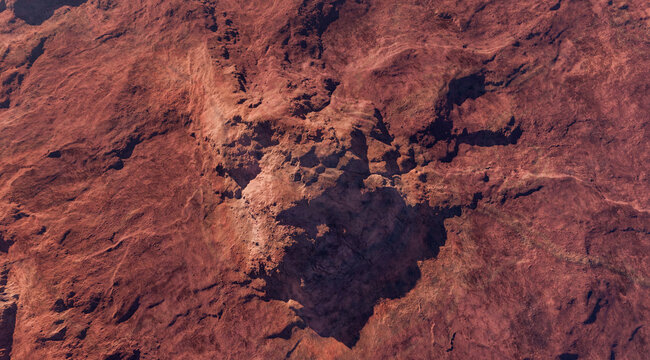 Aerial Red Rock Martian Landscape 3D Rendering of Rugged Desert Terrain From Above