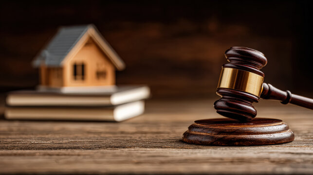 A gavel and a miniature house symbolize real estate law, auctions, and the home purchasing process.