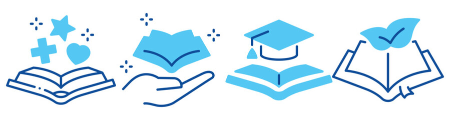 Naklejka premium Education icons showing learning reading graduation and approval on white background. Editable stroke