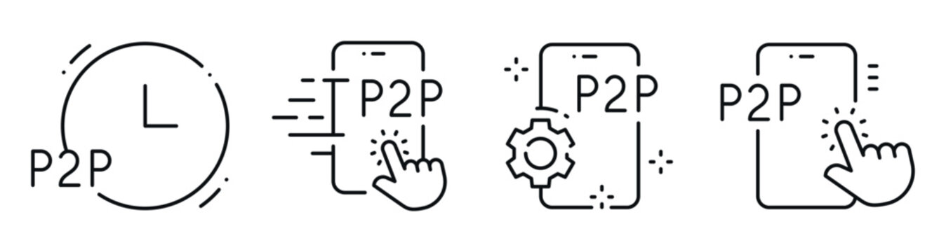 P2p transfer icons illustrating peer payments and timing on strip. Editable stroke