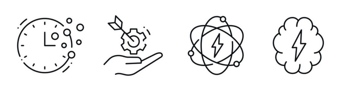 Time and idea icons representing productivity focus and creative energy. Editable stroke