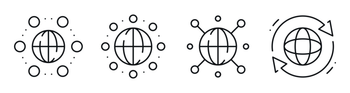 Globe and node symbols illustrating global connectivity network. Editable stroke