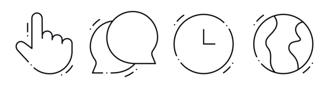 Interaction icons showing pointer speech bubbles clock and globe. Editable stroke