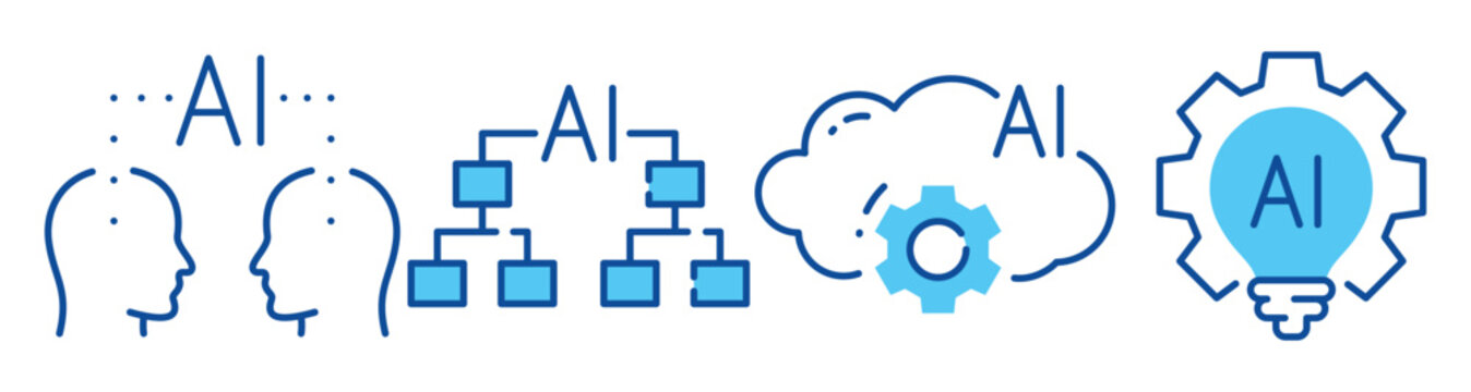 Ai heads, flowchart, cloud gear, and innovation lightbulb icons. Editable stroke