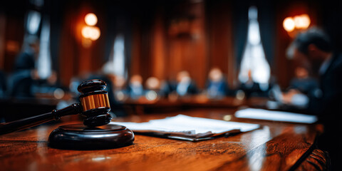 Obraz premium A wide angle view of a courtroom featuring a gavel on a desk, symbolizing justice and legal proceedings.