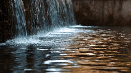 Naklejka premium A gentle waterfall cascades over rugged stone creating detailed ripples on the reflective surface of the pool below