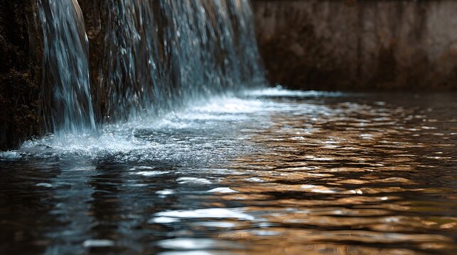A gentle waterfall cascades over rugged stone creating detailed ripples on the reflective surface of the pool below