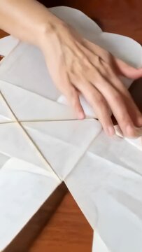 Vertical video: Reaching right hand pressing star on table with bands to flatten folds, gray sleeve