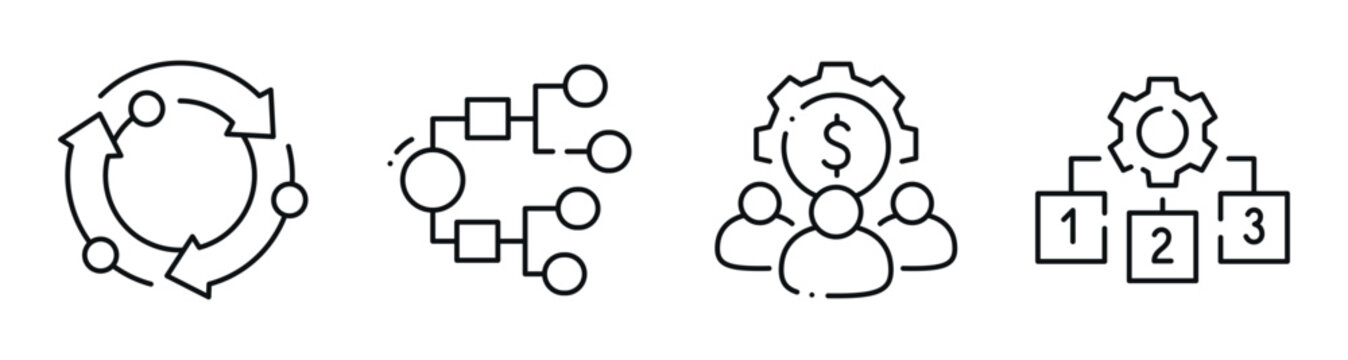 Business process icons depicting cycle flow team finance and ranking. Editable stroke