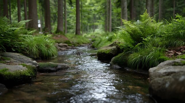 A tranquil stream flows gently through a lush temperate forest environment bordered by moss covered rocks and dense green foliage