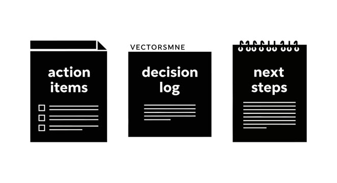 Action Items, Decision Log, Next Steps - Business Planning Icons