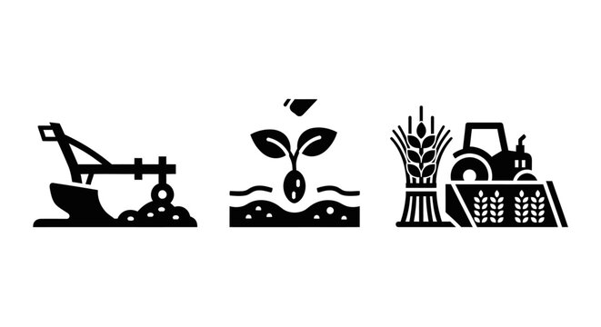 Agriculture Icons: Plow, Seedling, Tractor Harvesting Wheat