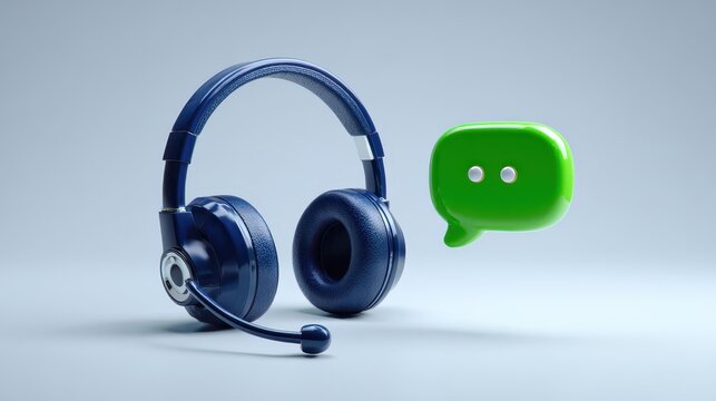 Dark blue professional headset with a glossy green speech bubble icon floating beside it on a clean light grey studio background representing customer support services