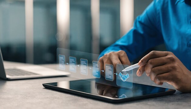 Procurement process management, Digital and paper document approval, contract verification, supplier negotiation, and business purchasing operations using laptop and approval document