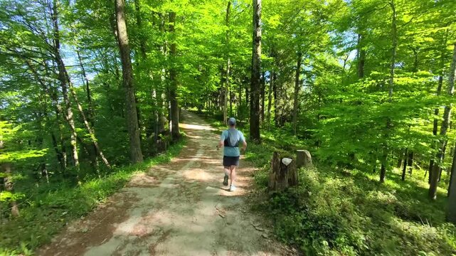 Trail runner filmed from behind moving through Swiss forests, immersed in nature and silence, experiencing freedom, mental clarity and balance, escaping digital noise and reconnecting with self.