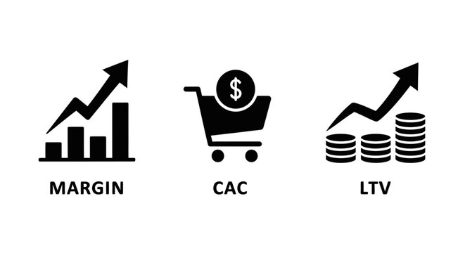 Business Metrics: Margin, CAC, LTV Icons with Graphs and Coins