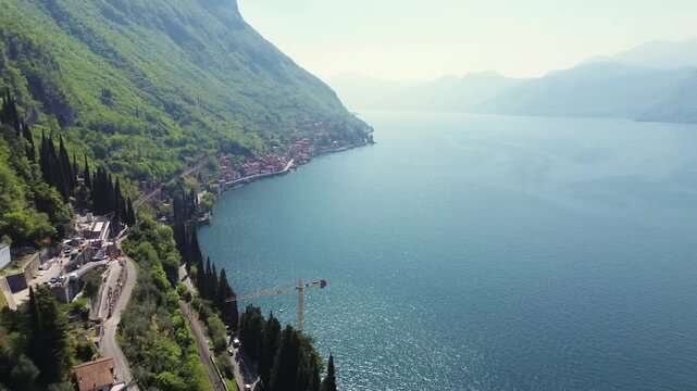 Aerial drone view Lake Como Italy mountains village scenic landscape travel destination