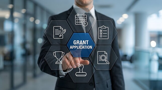 A businessman interacts with digital grant application icons, symbolizing funding opportunities, success, and financial growth. Ideal for business, finance, and startup marketing content.