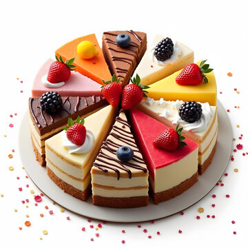 Colorful cheesecake slices decorated with fruits on a white plate