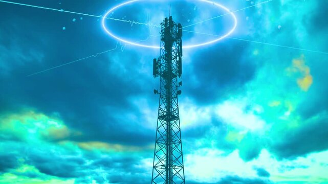 Telecommunications tower transmits cellular signals in a dynamic evening sky.