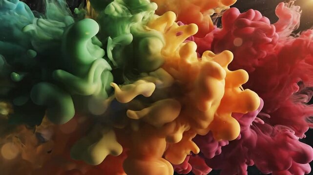 Vibrant Multi Colored Ink Clouds In Slow Motion Billowing And Swirling Against Black Background