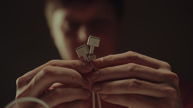 Blurred man comparing new magnetic charger with old, broken, and frayed one, concept of electronic waste, durability, and planned obsolescence of devices, close-up. Shooting in slow motion.