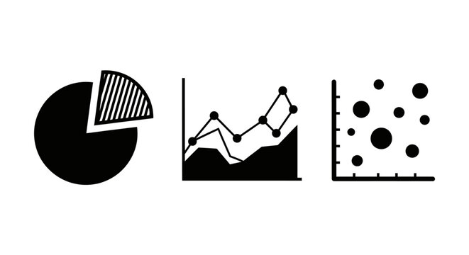 Set of Simple Black and White Data Visualization Icons: Pie Chart, Line Graph, Scatter Plot
