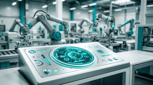 Industrial robot control panel with futuristic interface and automated factory production line background.