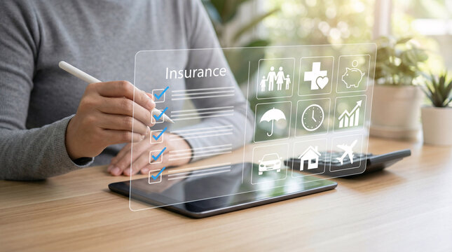 Business insurance concept, financial protection, digital tablet, office workspace, security icons