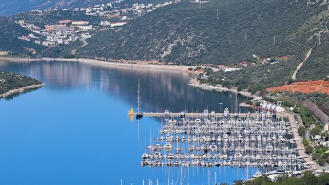 Scenic aerial view of Kas marina in Turkey with yachts