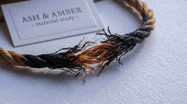 A closeup view of a braided cord with a damaged section revealing inner wires, lying on a white surface next to a card with the text ash amber material study