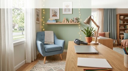 Fototapeta premium Scene of child friendly telehealth corner with comfortable seating and playful decor