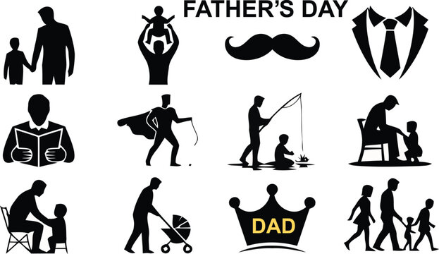 Father's day silhouettes family activities and symbols vector collection