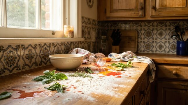 Spilled Ingredients and Drinks on Cluttered Kitchen Counter