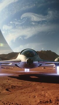 Vertical video: Three thrusters firing, saucer spacecraft lowering onto rust plain, kicking dust