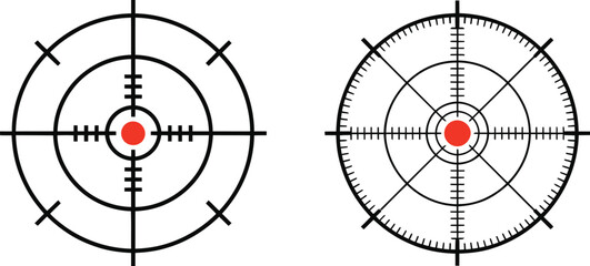 Reticle icon set, two crosshair sights with red dot showing target acquisition accuracy aiming focus and precision design. © Mr. Tasin