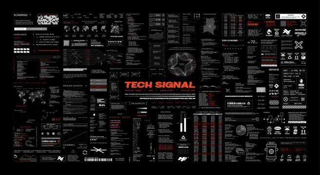 Futuristic tech HUD signal interface with System Alerts, infographics, code. Futuristic Sci-fi dashboard template with HUD, UI, UX, Kit elements. Сode, data, text, indicators. Cyberpunk vector set