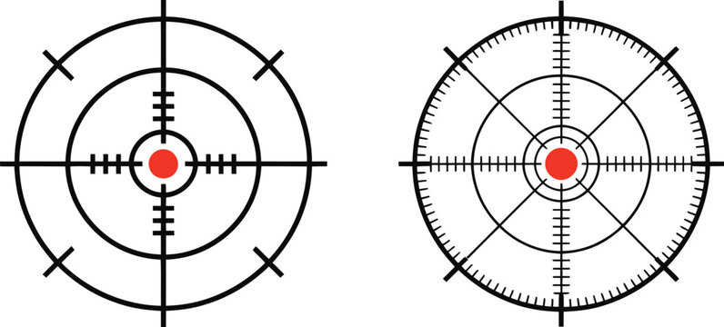 Reticle icon set, two crosshair sights with red dot showing target acquisition accuracy aiming focus and precision design.