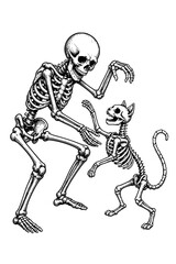 Fototapeta premium skeleton dances with a cat in a vintage engraving illustration with playful motion bones and character