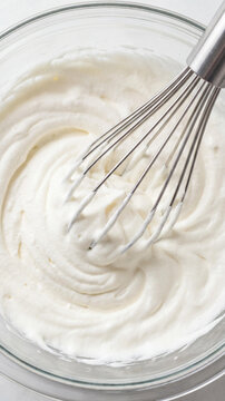 Close-up of fresh white whipped cream being beaten with a metal whisk in a glass bowl. Perfect texture for baking, dessert preparation, and culinary concepts. Top view of dairy product.