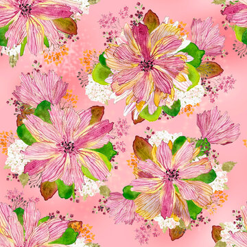 Watercolor Lewisia Flower Seamless Pattern, Pink Floral Background, Botanical Spring Blossom Ornament, Delicate Pastel Textile Design, High Resolution 500 DPI PNG, 5000x5000 px