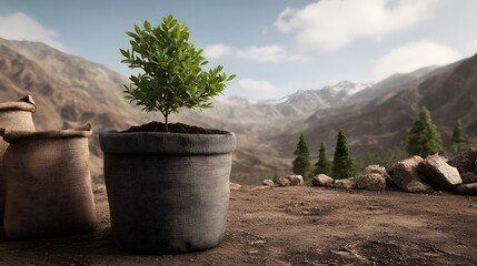 Obraz premium A young seedling planted in a pot set against a majestic rugged mountain landscape symbolizing growth and sustainability