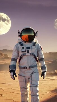 Vertical video: Walking astronaut in suit on plain, shot starting, approaching camera showing visor